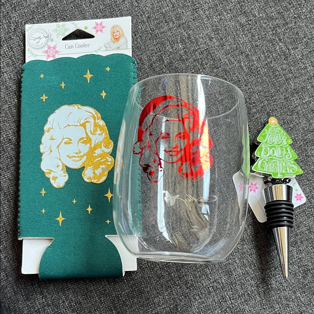 Dolly Parton Christmas Santa Hat Tik Tok Viral Wine Glass, Stopper & Can Cooler